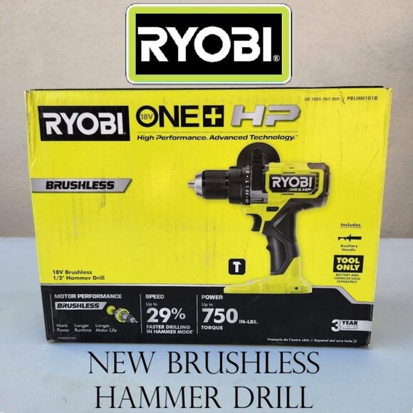 New RYOBI ONE+ HP 18V Brushless Cordless 1/2 in. Hammer Drill Power Tool Only Br - Picture 1 of 16